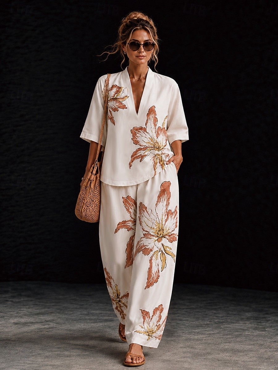 Women's Shirt Cotton Linen Sets Pants Sets Short Sleeve V Neck Floral Graphic Geometric Print Vacation Fashion Streetwear Casual Daily Outdoor Yellow Pink Dusty Rose Spring & Summer Loose Fit 2026 - $55.99 –P9