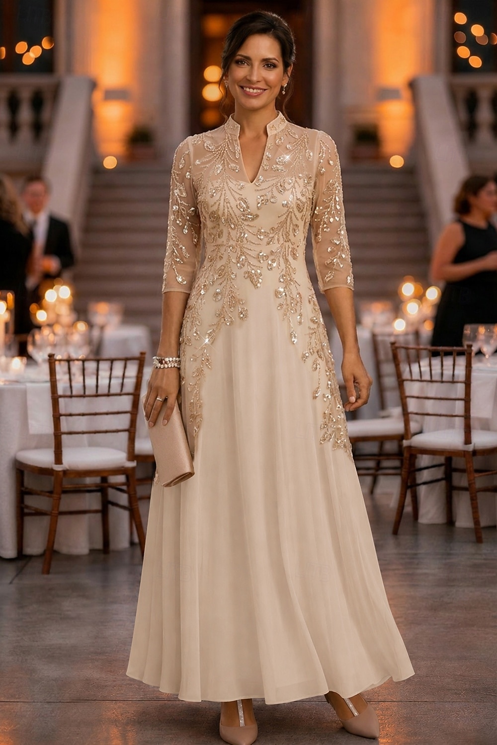 A-Line Ankle Length Mother of the Bride Dress 3/4 Length Sleeve V Neck Elegant Vintage Luxurious Formal Wedding Guest Wedding Party Chiffon Tulle with Beading Sequin Flower 2026 - $159.99 –P2
