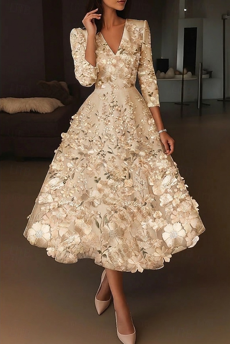 A-Linie Tee-Länge Cocktailkleider Elegant Vintage Blumen Halbarm V Ausschnitt Hochzeit Formell Rosa Kleid Satin Spitze mit Stickerei Tasche 2026 - $195.99 –P13