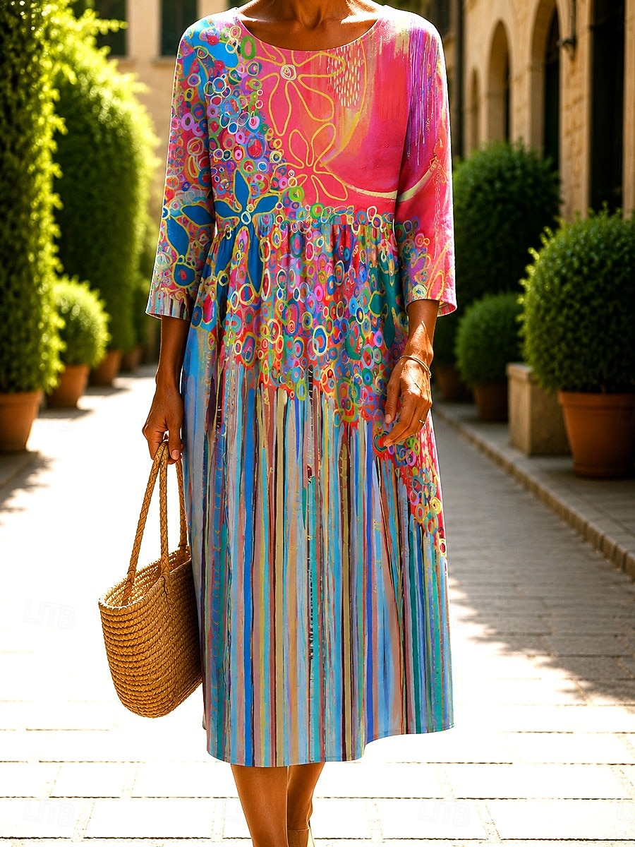 Women's Midi Dress Casual Dress Summer Dress Vacation Casual Beach Beach Holiday Regular Fit Floral Graphic Abstract 3/4 Length Sleeve Crew Neck Blue Pink Green Summer Spring 2026 - $41.99 –P3