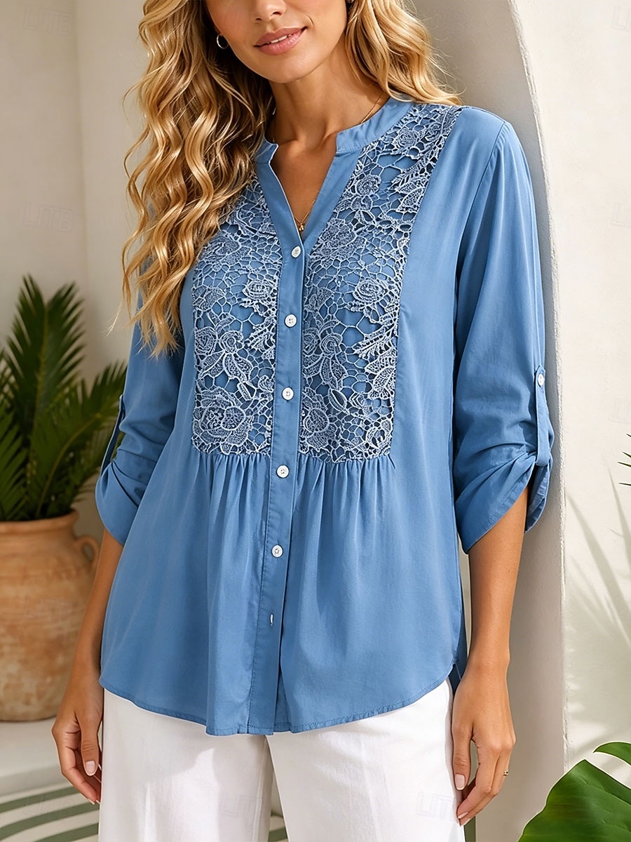 Per donna Blusa Pizzo Tinta unica Vintage Elegante Casual Manica Lunga Scollo a V Top Regolari Casuale Quotidiano Blu Estate Primavera del 2026 a $33.99 –P4