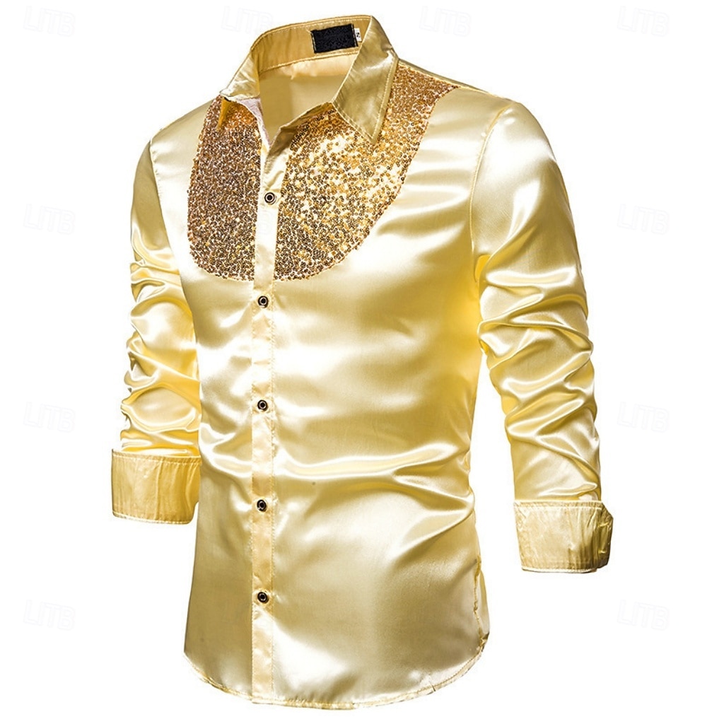 Men's Shirt Satin Shirt Dress Shirt Casual Shirt Solid Color Outdoor Work Black White Red Navy Blue Long Sleeve Turndown Summer Spring Clothing Apparel Sequins 2026 - $26.99 –P2