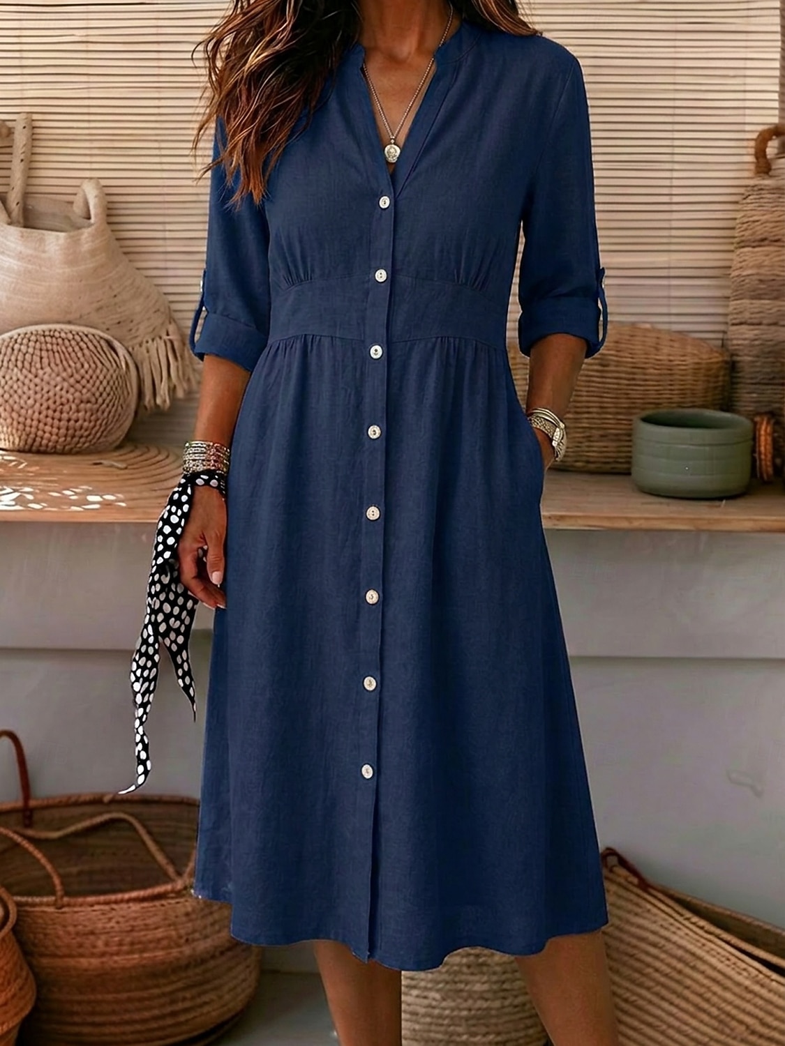 Mujer Vestido hasta la Rodilla Vestidos de lino y algodón Vestido de Camisa Elegante Vacaciones Clásico Diario Oficina Vacaciones Ajuste regular Plano Manga Larga Escote en Pico Rojo Azul Marino 2026 - $35.99 –P8