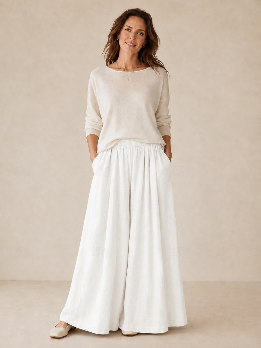 Damen-Leinenhose mit weitem Bein, mittelhoher Bund, durchgehende Taschen, elastischer Bund, Vintage-Stil, Resort-Look, lässig, Reisweiß 2026 - $45.99 –P8