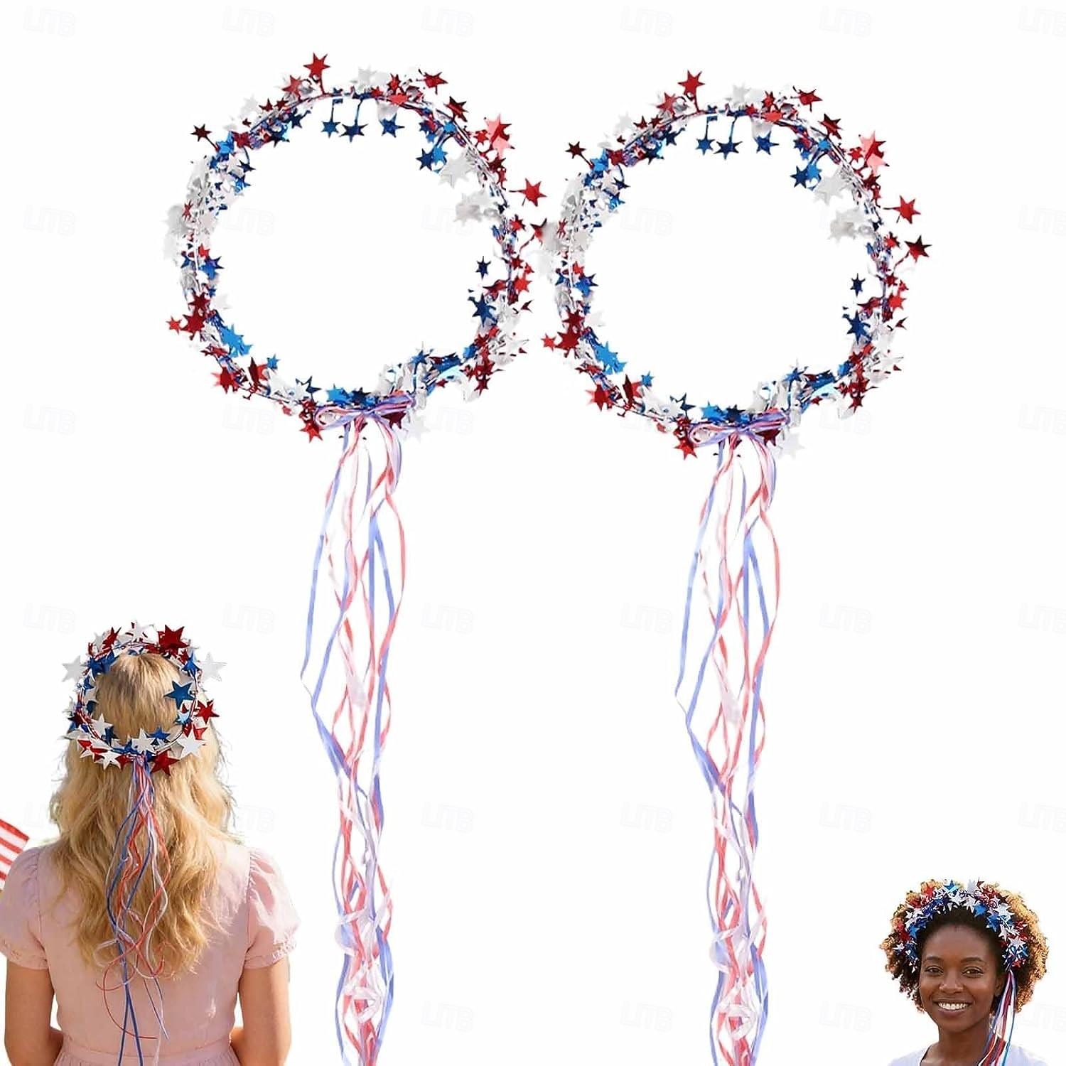 2 PCS Sparkling Americana Star Crown Headbands with Flowing Ribbons, Patriotic Red White Blue Hair Accessories for 4th of July Independence Day, Memorial Day, Veterans Day, Parades, Festivals 2026 - $11.99 –P1
