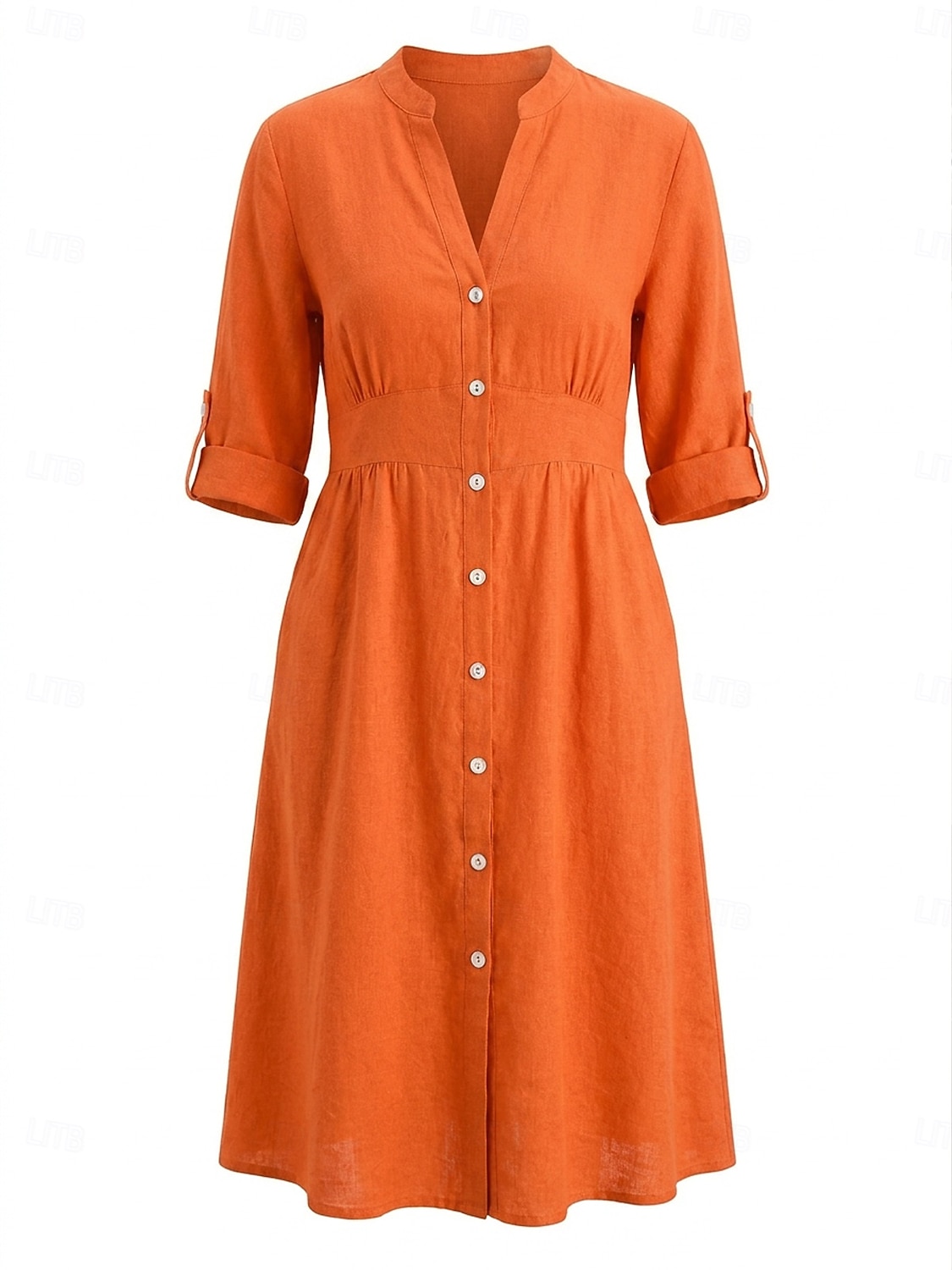 Dames Knielengte jurk Jurken van katoen en linnen Shirtjurk Elegant Vakantie Klassiek Dagelijks Kantoor Vakantie Normale pasvorm Effen Lange mouw V-hals Rood Marineblauw Oranje Zomer Lente 2026 - $41.99 –P1