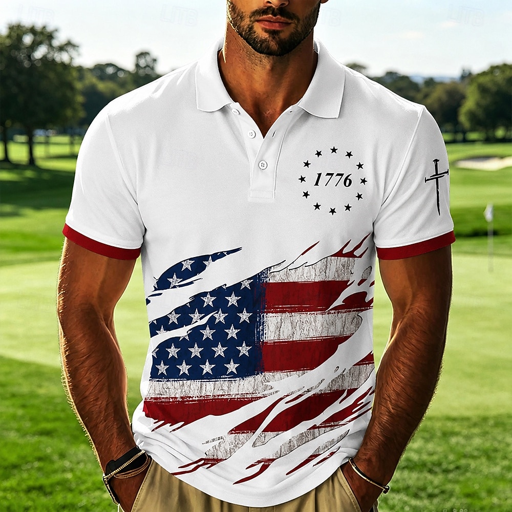 Men's American US Flag Polo Shirts Short Sleeve Polo Shirts Collared Shirts Casual Athleisure Festival Wear 3D Print Buttons Breathable Mesh Spring & Summer Blue 1 Blue 3# Blue 2# 2026 - $22.99 –P1