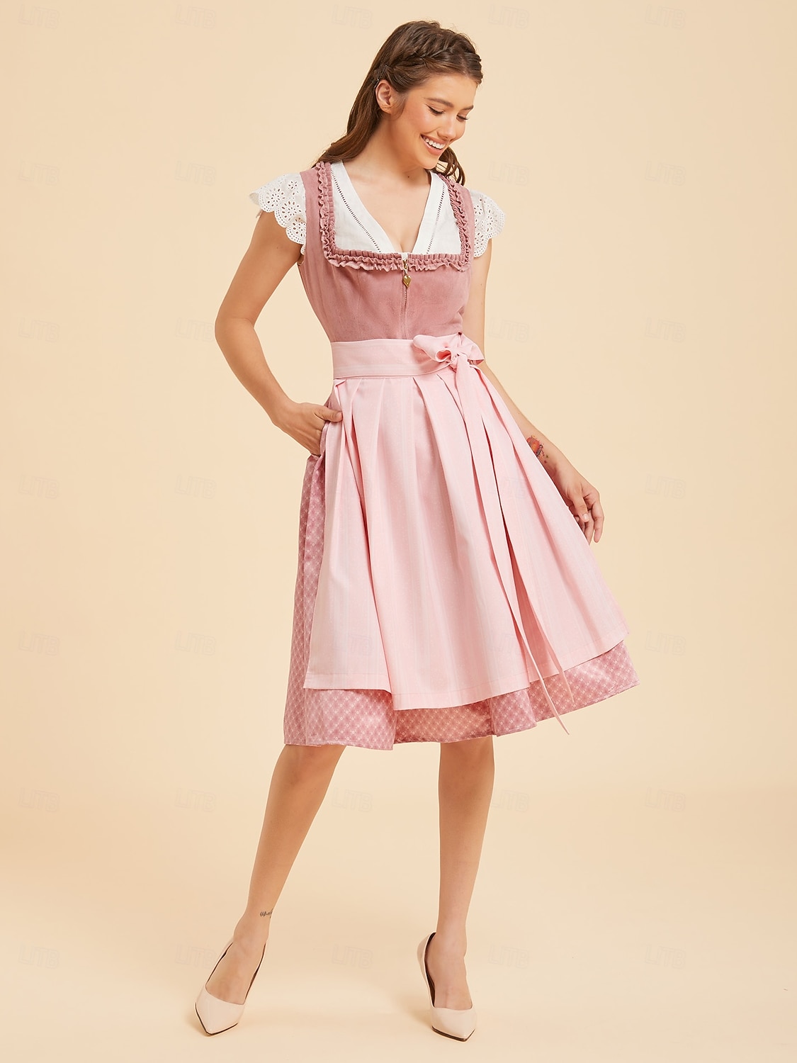 Oktoberfest Dirndl Dress Midi Length with Pockets Balconette Neckline Maid Bavarian German Alpine Wiesn Women's Carnival Beer Festival Traditional Style Cloth (65CM) Without Blouse 2026 - $100.99 –P10