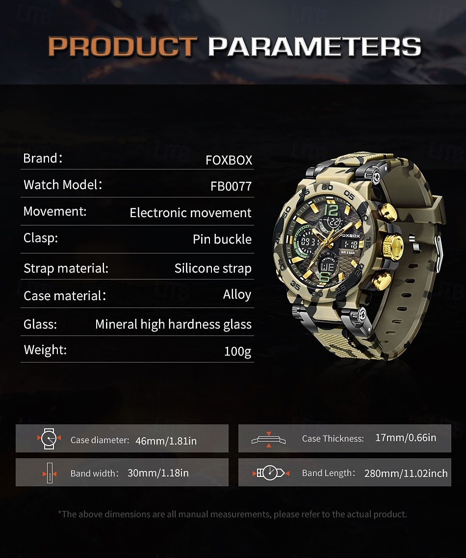 Foxbox heren militair sporthorloge, camouflage tactisch 50m waterdicht analoog digitaal horloge met dubbele display, quartz uurwerk, alarm, chronograaf en datumweergave, robuust outdoor polshorloge 2026 - $33.99 –P2