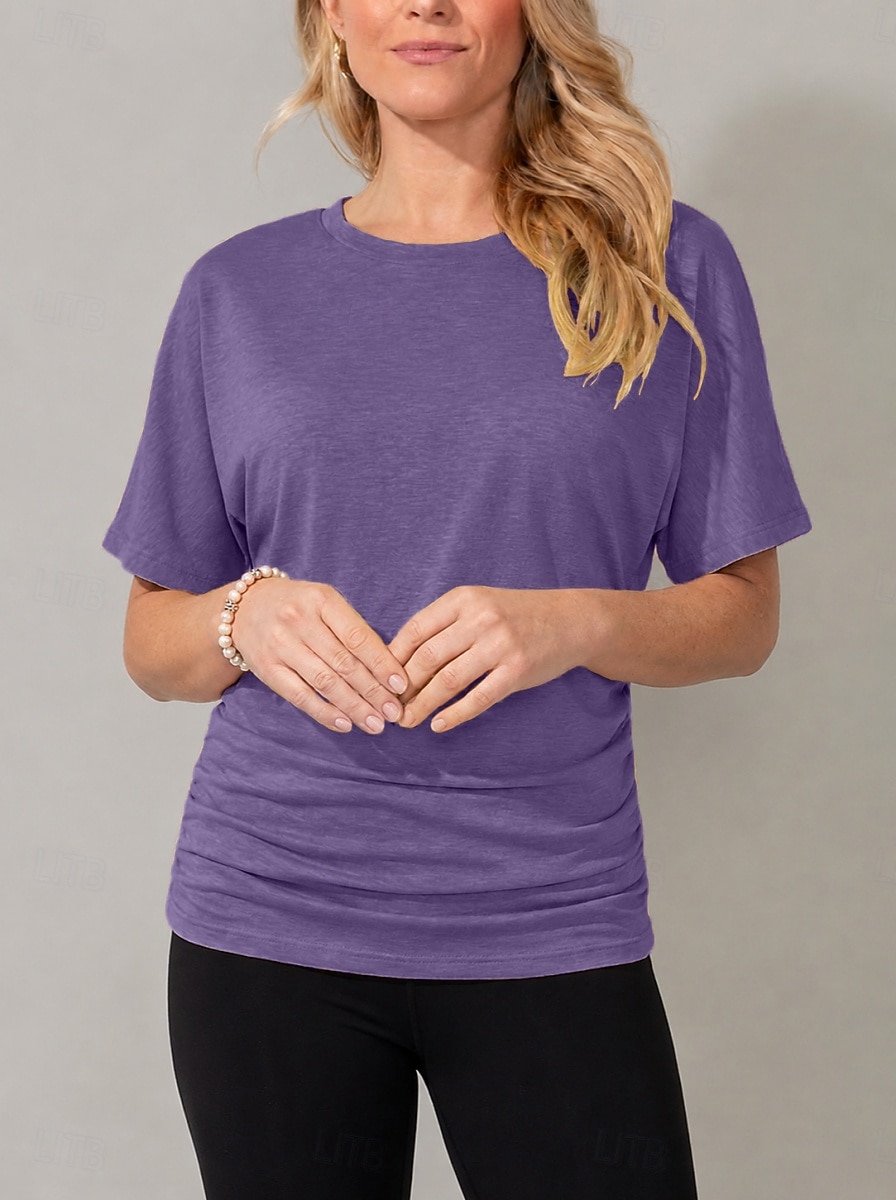 Women's T Shirt Tee Top Ruched Plain Stylish Short Sleeve Batwing Sleeve Crew Neck Regular Tops Casual Daily Going out Black Yellow Pink Purple Green Summer Spring 2026 - $18.49 –P5