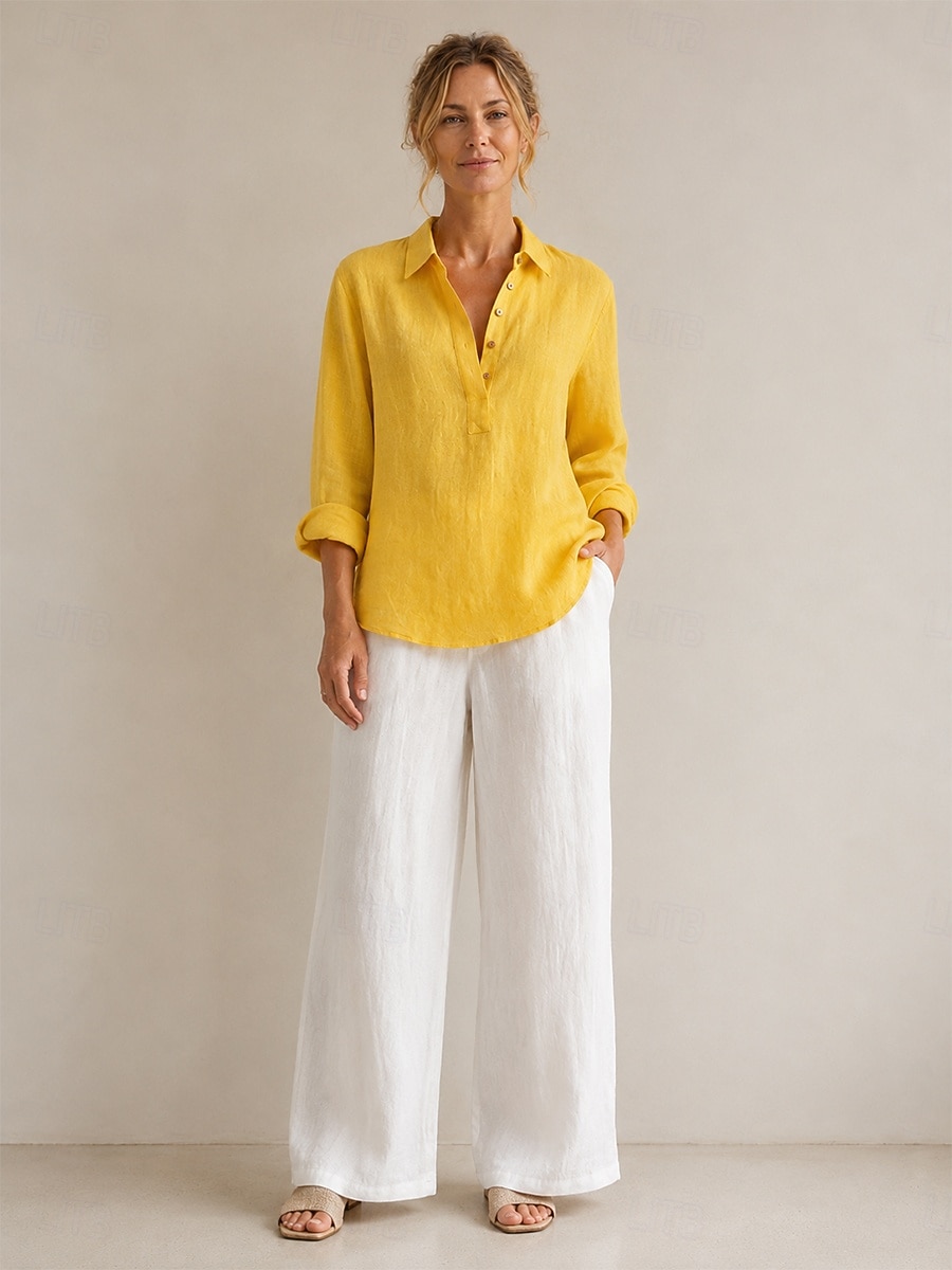 Camicetta da donna 100% lino europeo a maniche lunghe, scollo a V, colletto, tinta unita, elegante casual, blu, bianco, giallo del 2026 a $49.99 –P3