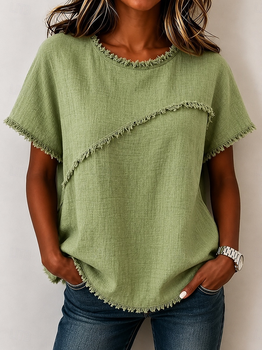 Women's T Shirt Tee Top Ruffle Plain Fashion Stylish Classic Short Sleeve Crew Neck Regular Tops Casual Daily Going out White Purple Green Khaki Apricot Summer Spring 2026 - $25.99 –P5