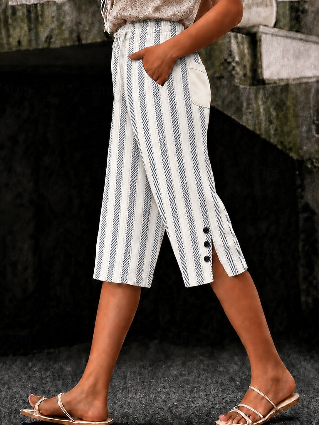 Women's Cotton Linen Shorts Capri Pants Leggings Cropped Pants Vacation Vintage coastal grandma style Knee Length Mid Waist Floral Graphic Abstract Print Striped Comfort Inelastic Daily Outdoor 2026 - $31.99 –P3