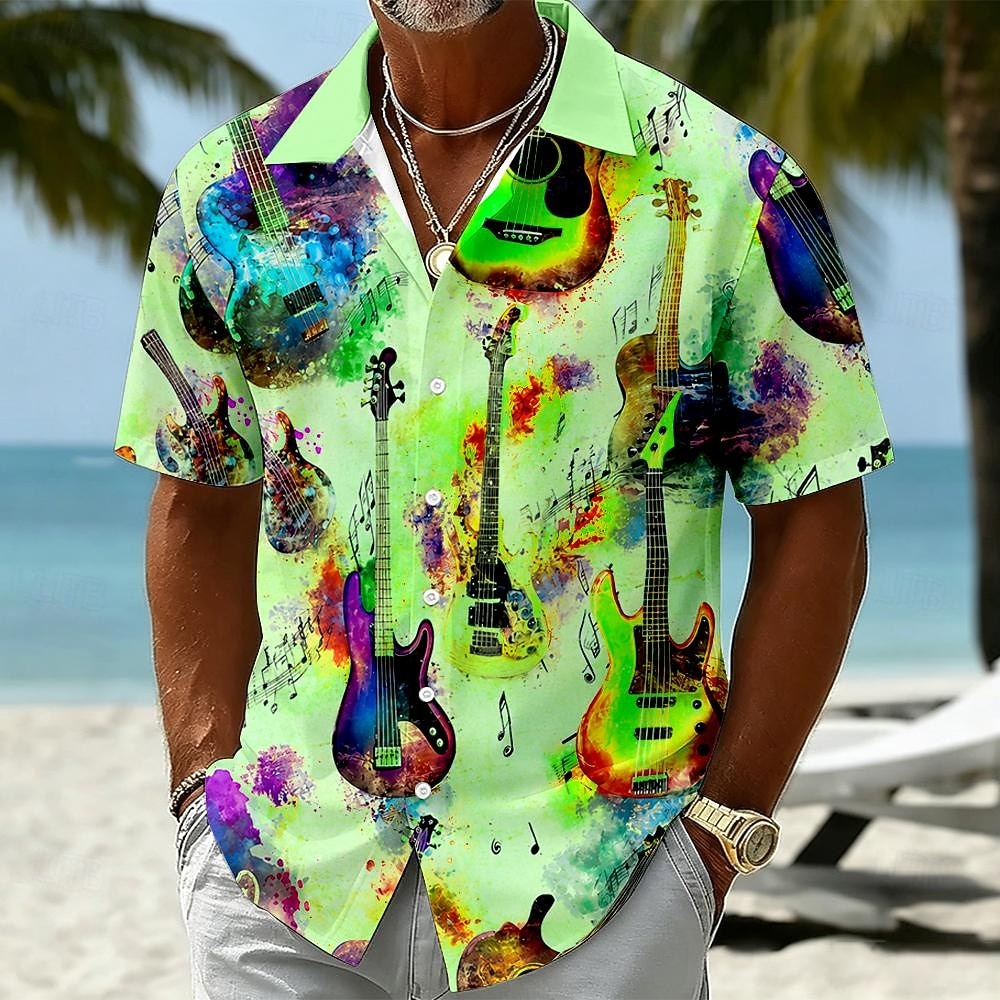Men's Guitar Musical Instrument Shirt Summer Shirt Button Up Shirt Short Sleeve Vintage Retro Outdoor Beach Vacation Wear Summer Spring Turndown 3D Print Button Up Shirts Blue Yellow Purple Green 2026 - $25.99 –P4