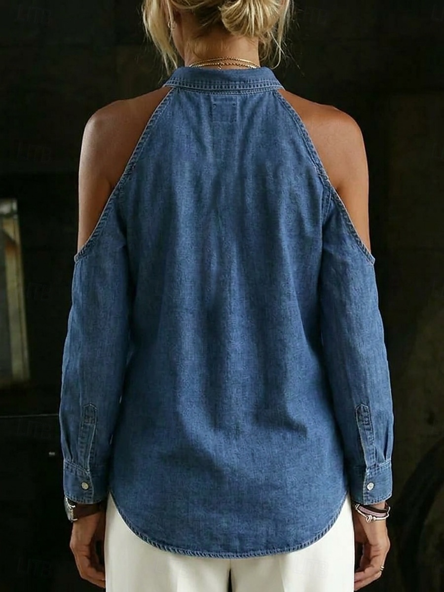 Dame Uformell skjorte Topp med åpne skuldre Knapper Denim Årgang Langermet Skjortekrage Daglig Blå Vår, Høst, Vinter, Sommer 2026 - $29.99 –P3