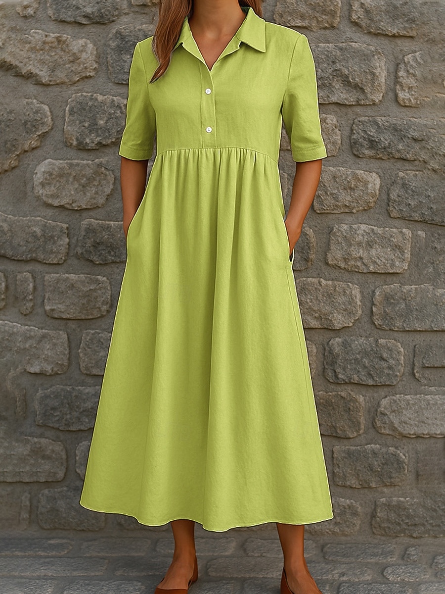 Mujer Vestido Midi Vestido informal Vestido de una línea Vestido de verano Básico Clásico Diario Vacaciones Ajuste regular Plano Media Manga Cuello Camisero Blanco Azul cielo Naranja Verde Trébol 2026 - $28.99 –P3