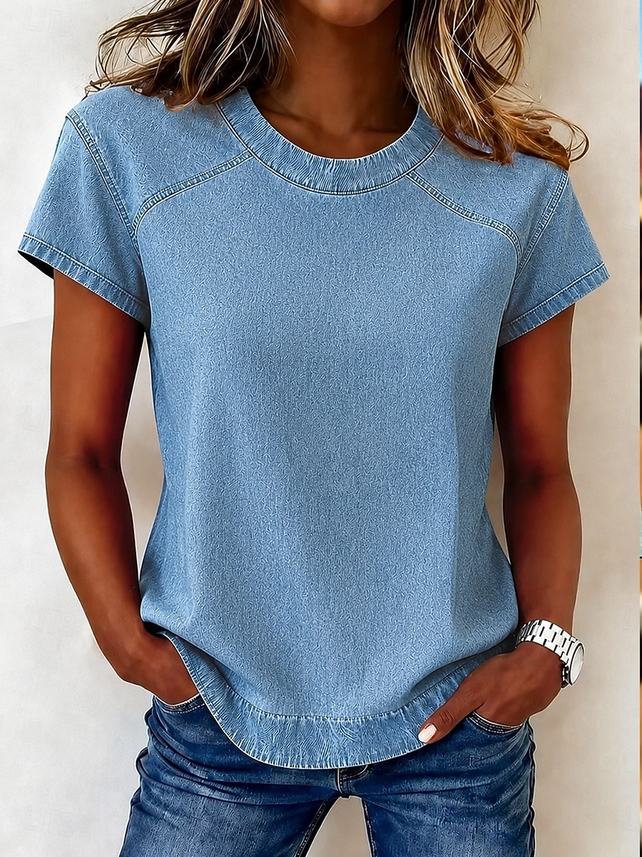 Per donna Blusa con texture Patchwork Vintage Moda stile punk Western Manica Corta Girocollo Top Regolari Casuale Blu Estate Primavera del 2026 a $31.99 –P3