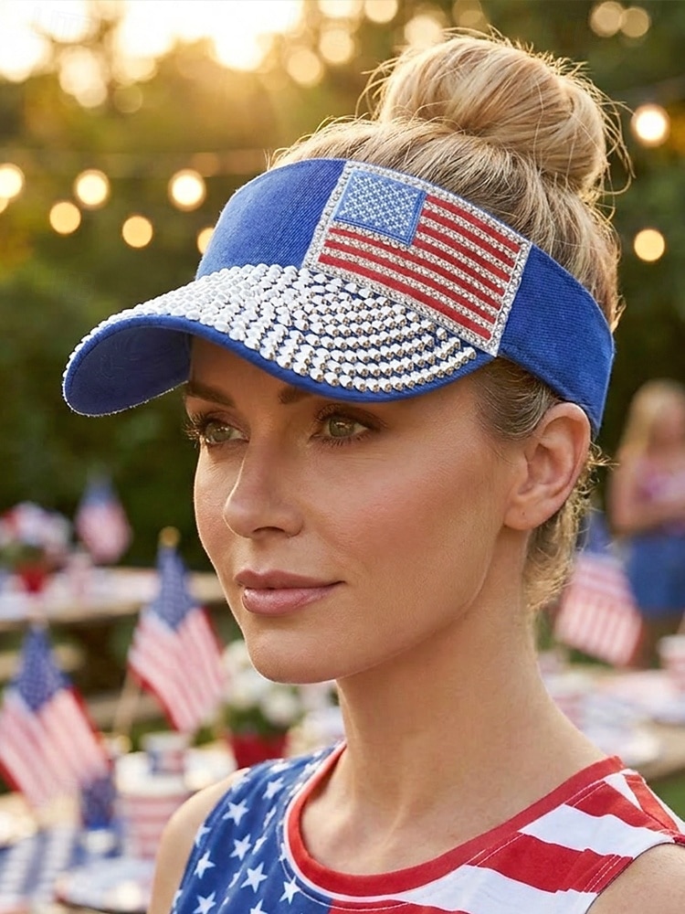 Cappello da donna con visiera patriottica e strass, in poliestere, regolabile, con parte superiore aperta, berretto estivo multicolore con bandiera americana per il 4 luglio, il giorno del 2026 a $11.99 –P1