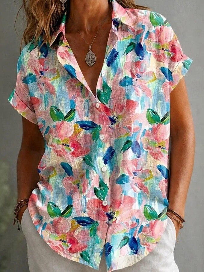 Women's Shirt Buttons Print Floral Graphic Daily Stylish Casual Short Sleeve Shirt Collar Long Tops Casual Daily Blue Yellow Pink Summer Spring 2026 - $26.99 –P1