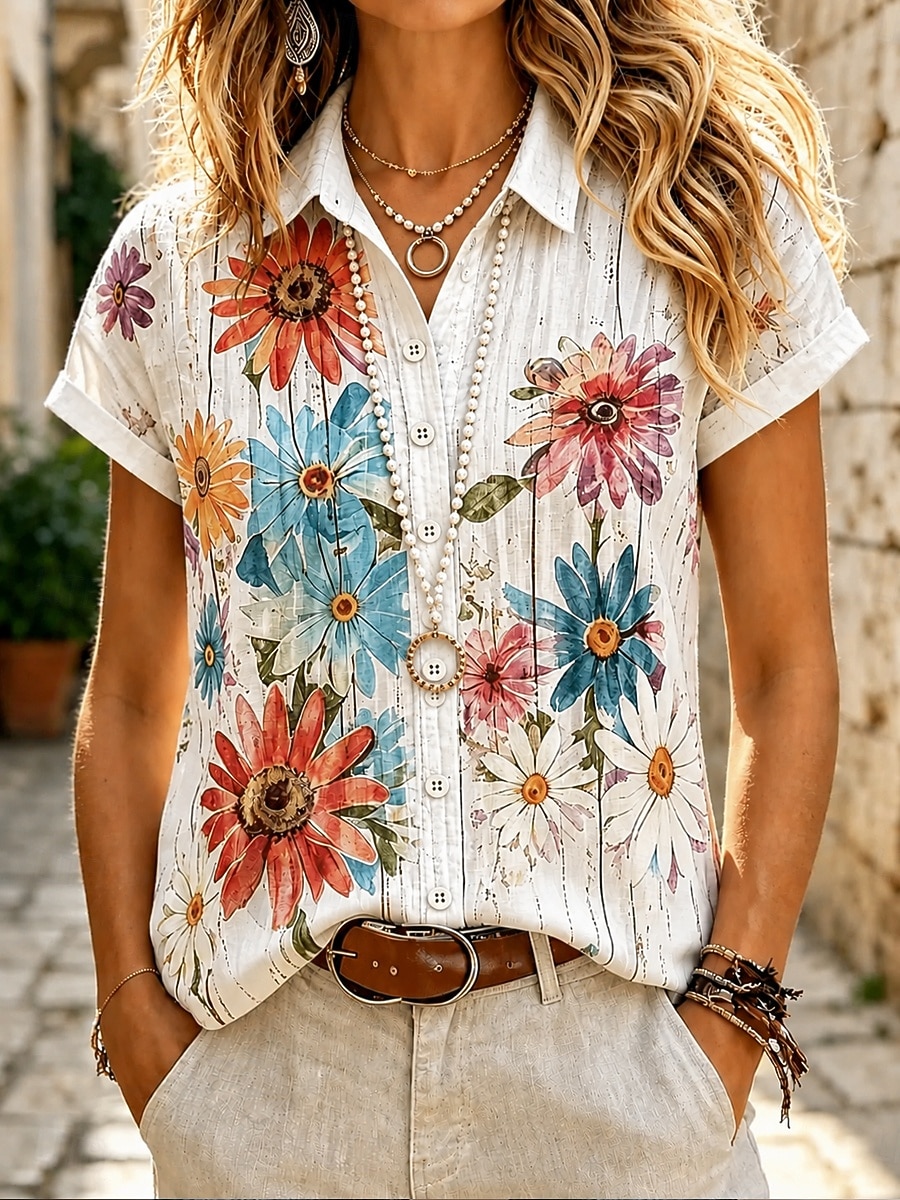 Damen Hemd Knöpfe Druck Blumen Grafik Täglich Stilvoll Lässig Kurzarm Hemdkragen Normale Oberteile Lässig Täglich Blau Weiß Purpur Sommer Frühling 2026 - $28.99 –P1