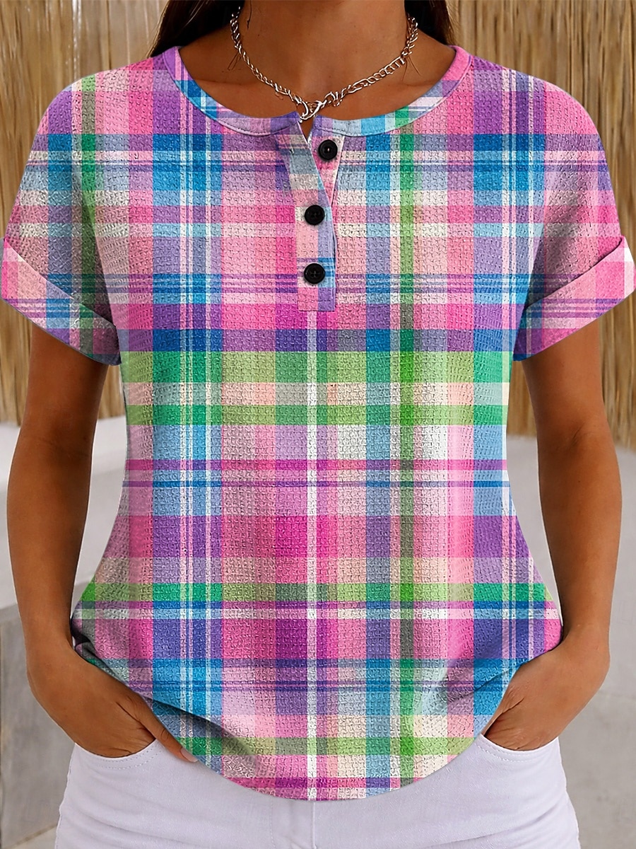 Women's T Shirt Color Block Print Graphic Geometric Plaid Vintage Stylish Classic Short Sleeve Crew Neck Long Tops Casual Daily Blue Pink Orange Green Summer Spring 2026 - $21.99 –P6