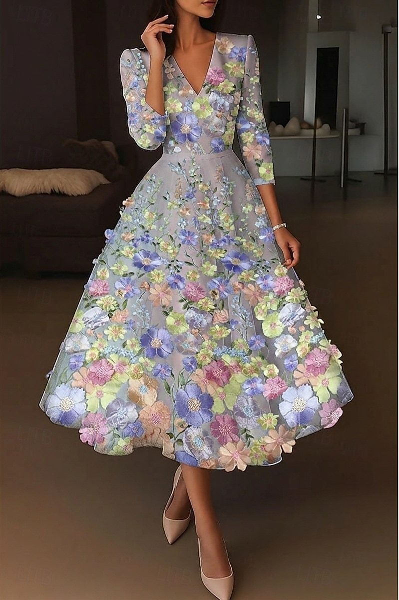 A-Linie Tee-Länge Cocktailkleider Elegant Vintage Blumen Halbarm V Ausschnitt Hochzeit Formell Rosa Kleid Satin Spitze mit Stickerei Tasche 2026 - $195.99 –P11