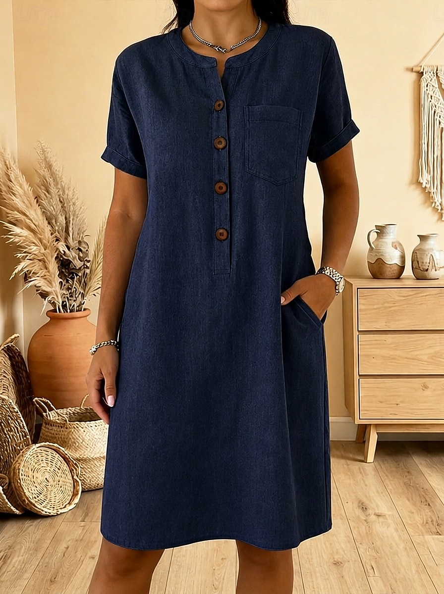 Women's Knee Length Dress Casual Dress Elegant Vacation Casual Daily Outdoor Vacation Regular Fit Plain Short Sleeve Crew Neck Blue Navy Blue Summer Spring 2026 - $36.99 –P1