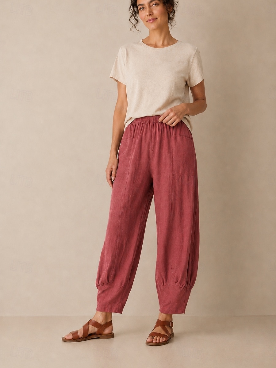 Pantalon large en lin pour femme, taille mi-haute, poches pleine longueur, ceinture élastique, couleur bordeaux et bleu azur, idéal pour les vacances de 2026 ? $49.99 –P19