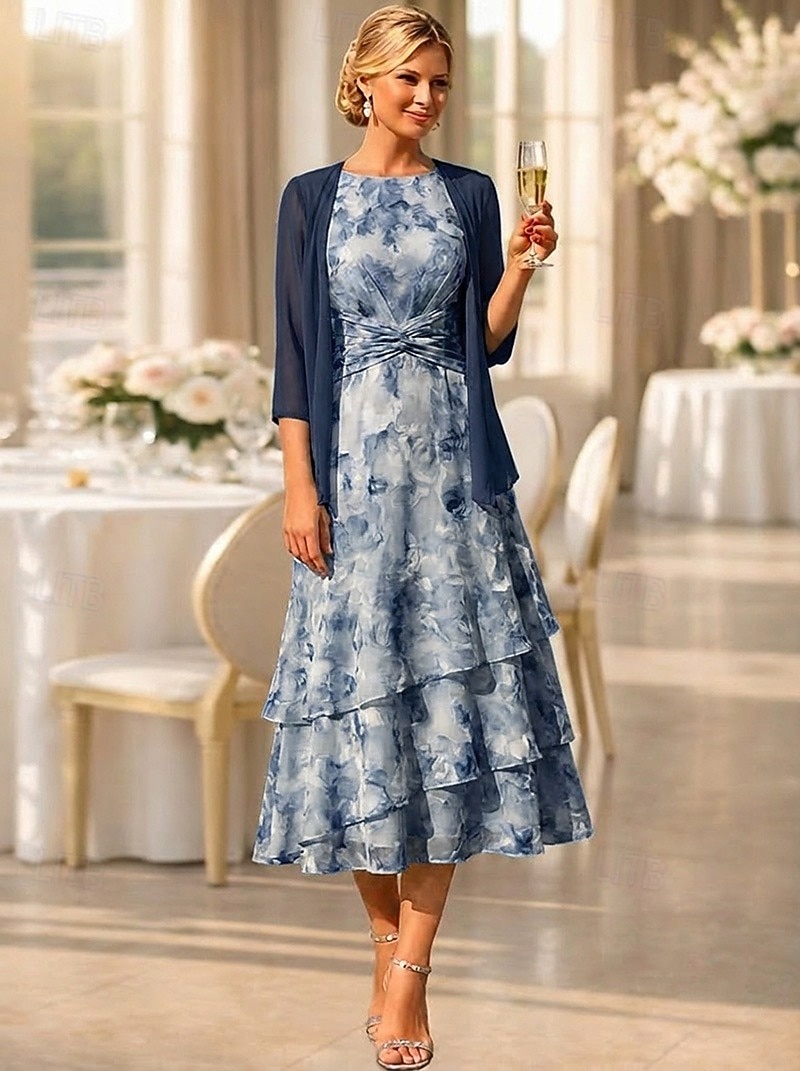 Two Piece A-Line Tea Length Wedding Guest Dress Mother of the Bride Dress Sleeveless 3/4 Length Sleeve Crew Neck Elegant Simple Minimalist Formal Semi Formal Chiffon Jacquard with Floral Print Ruched 2026 - $182.99 –P16
