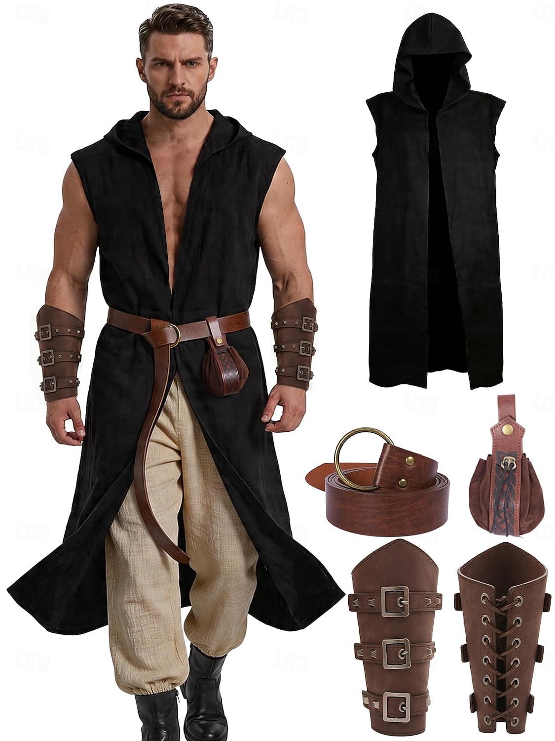 Set Retro Vintage Mittelalterlich Renaissance Weste Taillengürtel Armschützer mit Zubehör Ärmellos Ritter Ranger Kostüm Herren Fantasie Halloween Karneval Renaissance-Messe LARP Erwachsene Weste 2026 - $46.99 –P4