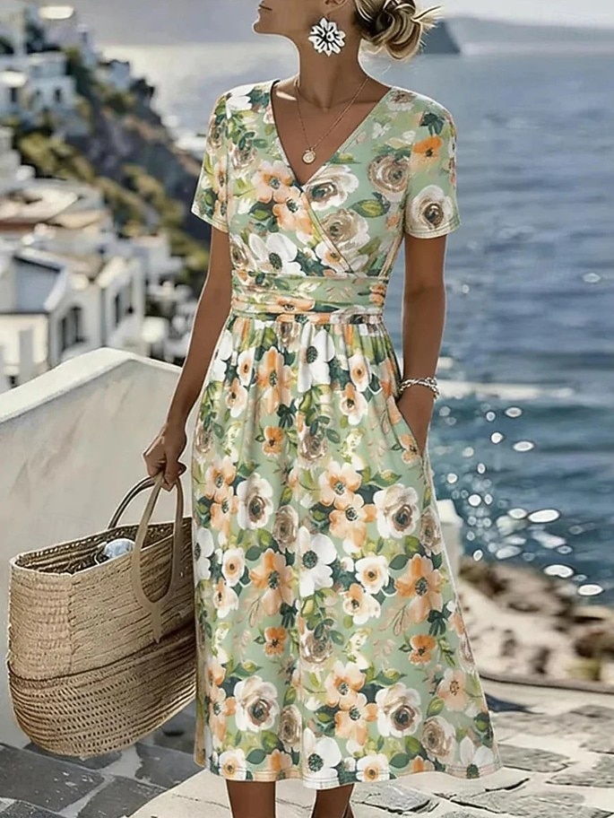 Per donna Abito Midi Abito a Tubino Vacanza Casual Boho Quotidiano Abito Estivo Abito Primaverile Vestibilità regolare Floreale Grafico Foglia Manica Corta Scollo a V Blu Bianco Verde chiaro Verde del 2026 a $36.99 –P6