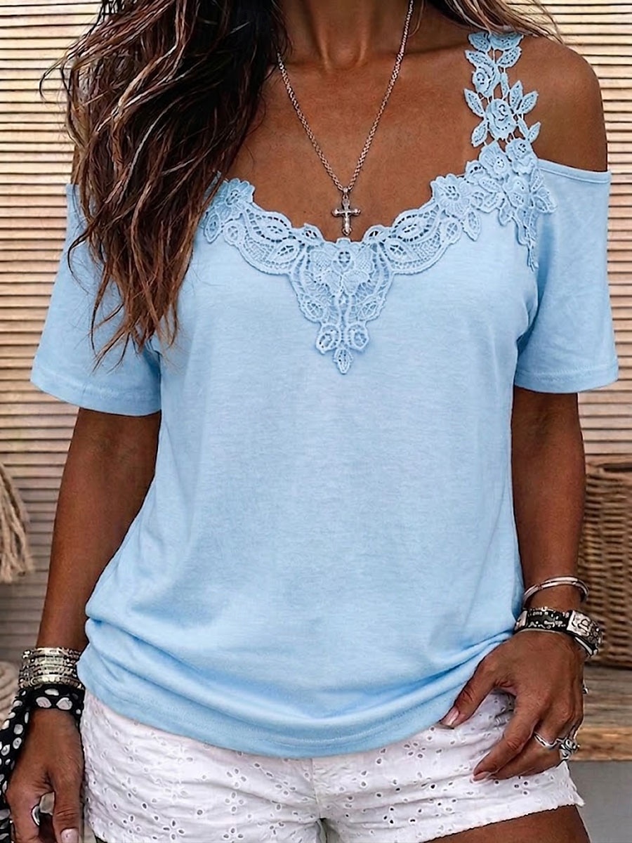 Mulheres Tops de renda Patchwork Tecido Vintage à moda Sensual Manga Curta Decote V Tops regulares Casual Diário Para Noite Branco Preto Rosa Azul Céu Outono Inverno de 2026 por $17.99 –P5