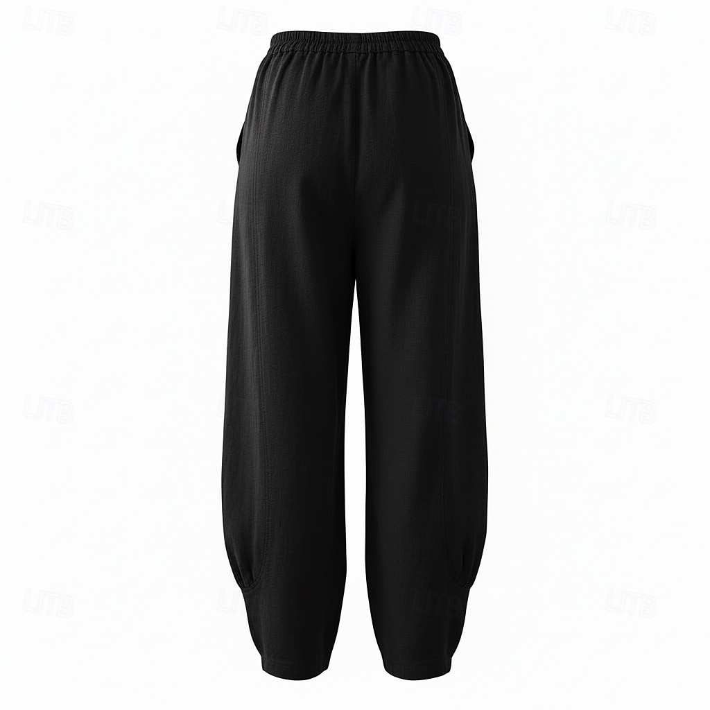 Pantalon large en lin pour femme, taille mi-haute, poches pleine longueur, ceinture élastique, couleur bordeaux et bleu azur, idéal pour les vacances de 2026 ? $49.99 –P8