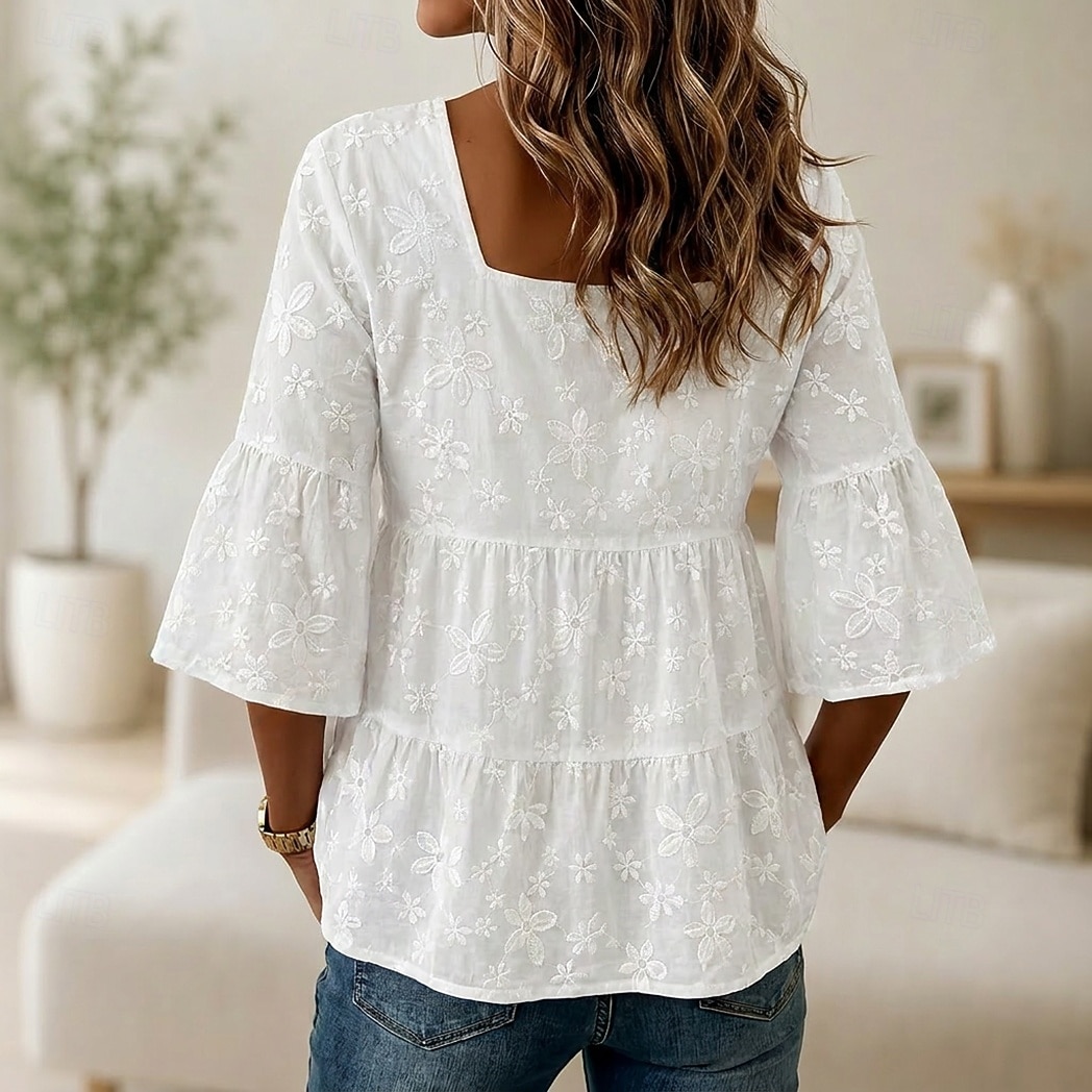 Women's Lace Tops Ruched Jacquard Texture Elegant 3/4 Length Sleeve Square Neck Casual White Summer Spring 2026 - $27.99 –P2