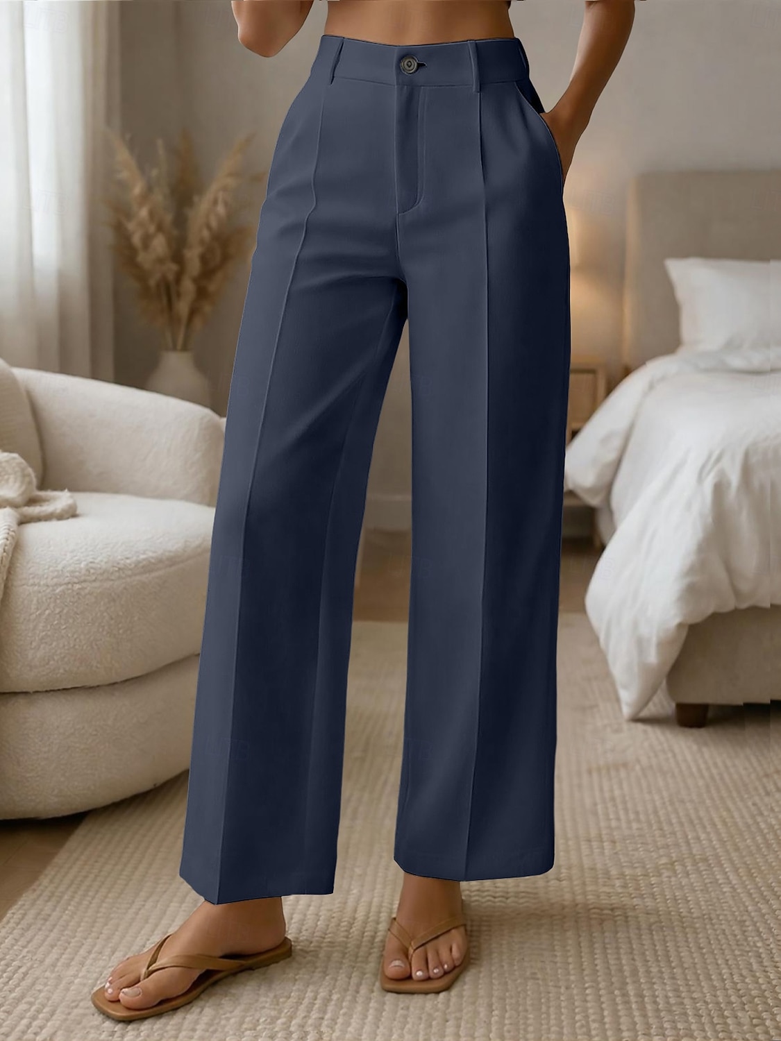 Mulheres Perna larga Calças Social Calça casual Moda Roupa de rua Básico Comprimento total Cintura Alta Tecido Bolsos Cintura elástica Confortável Sem Elasticidade Diário Escritório Férias Verde de 2026 por $10.99 –P4