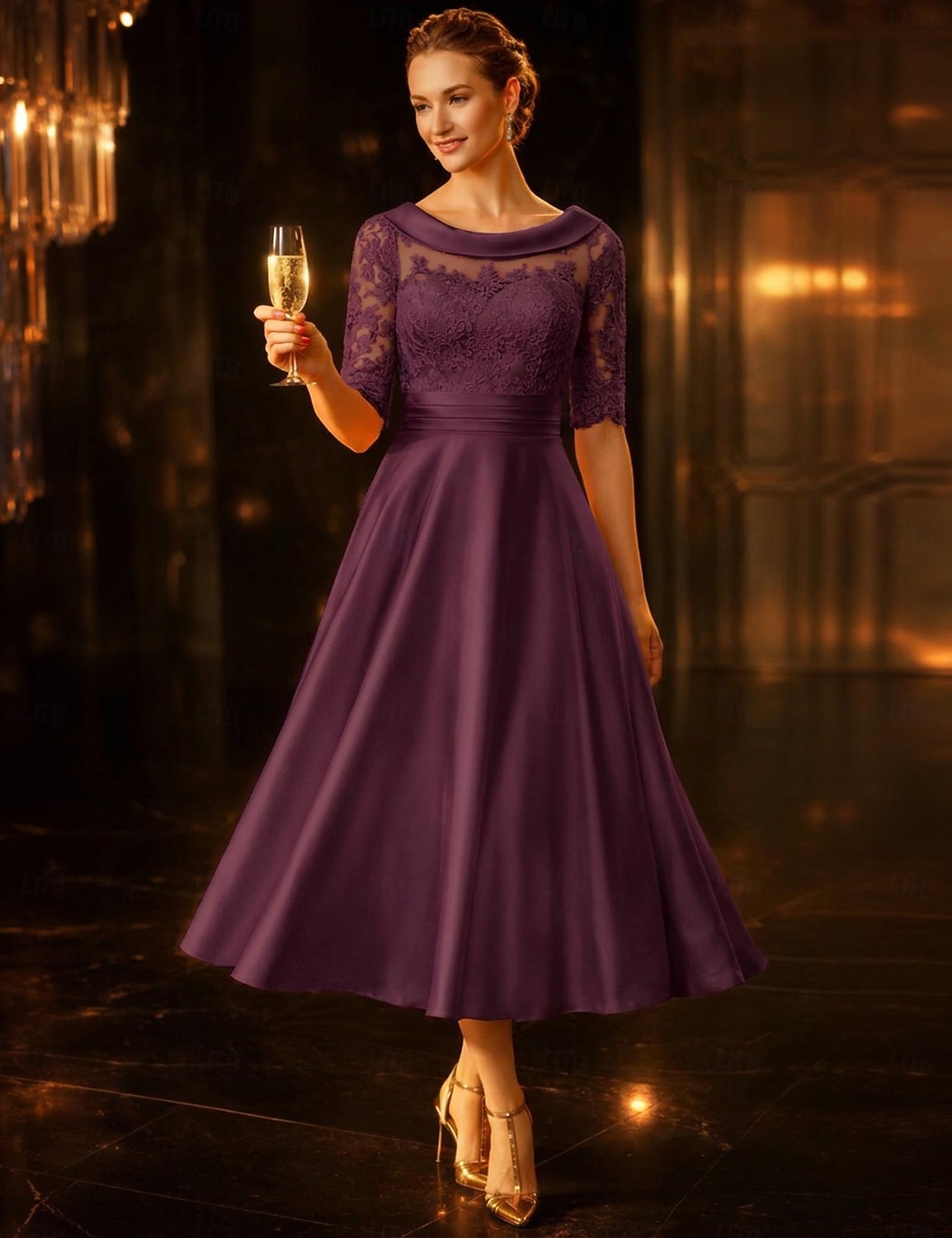 Linha A Longuette Vestido de festa Vestido Coquetel Vestido de convidada de casamento Vestido Para Mãe dos Noivos Meia Manga Scoop pescoço Elegante Vintage Convidado do casamento Cetim Renda com de 2026 por $114.99 –P8