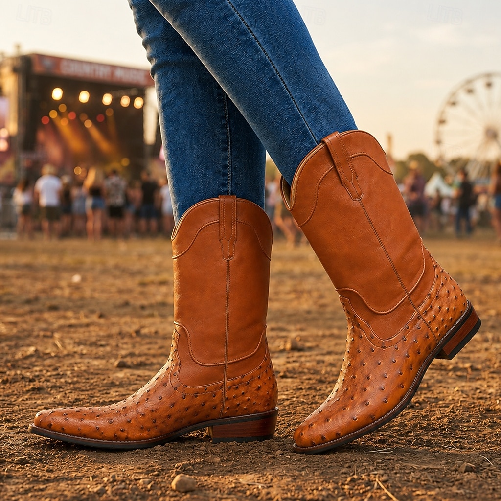 Men's Ostrich Texture Cowboy Boots – Premium Western Leather Boots for Music Festivals, Country Concerts, Outdoor Parties & Bar Nights 2026 - $69.99 –P3