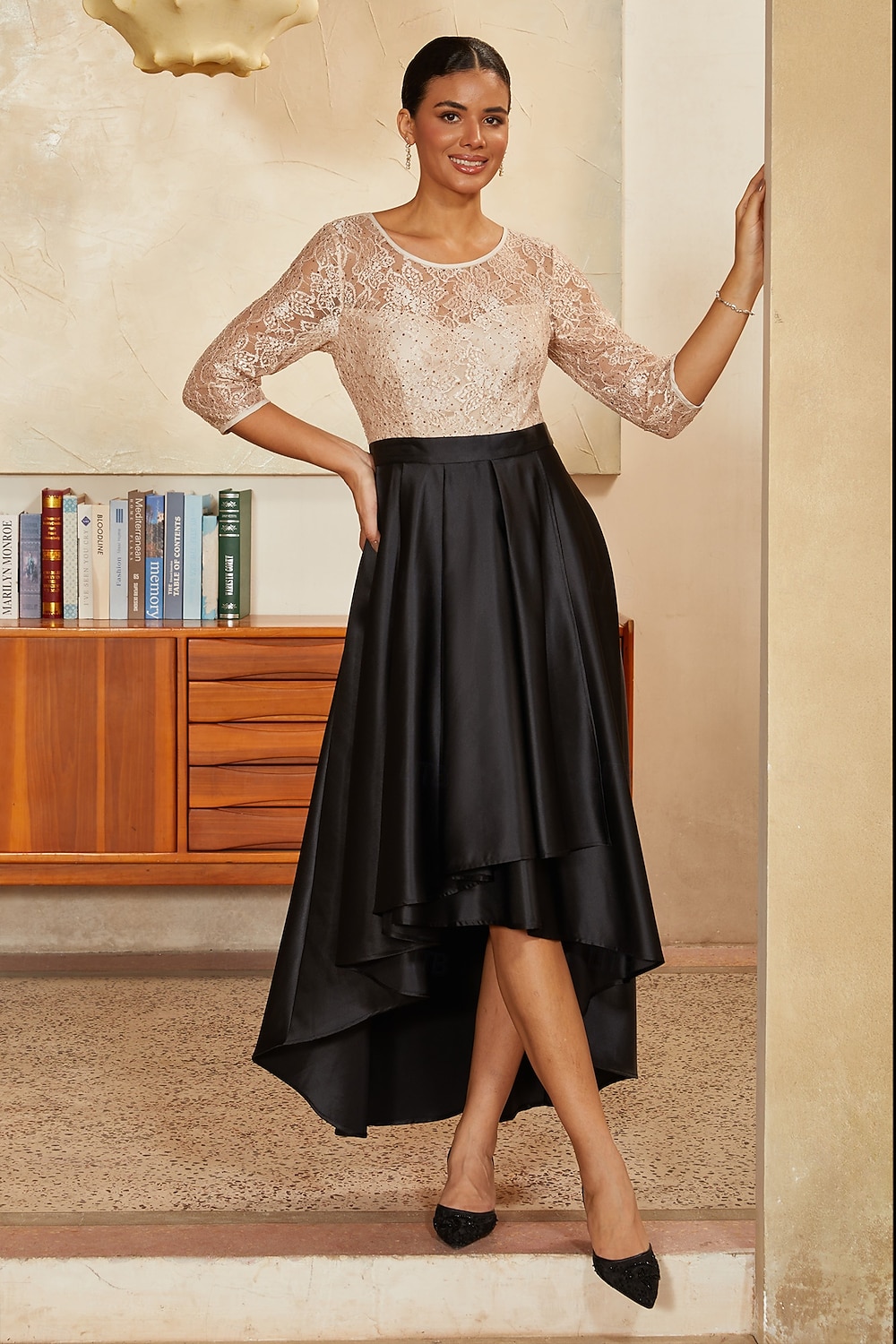 Damen A-Linie High-Low-Kleid Cocktailkleid Kleid für Hochzeitsgäste Knöchellänge Rundhalsausschnitt Dreiviertelarm Illusionsärmel Hohe Taille Elegant Mutter der Braut mit Satin Paillettenspitze 2026 - $119.99 –P3