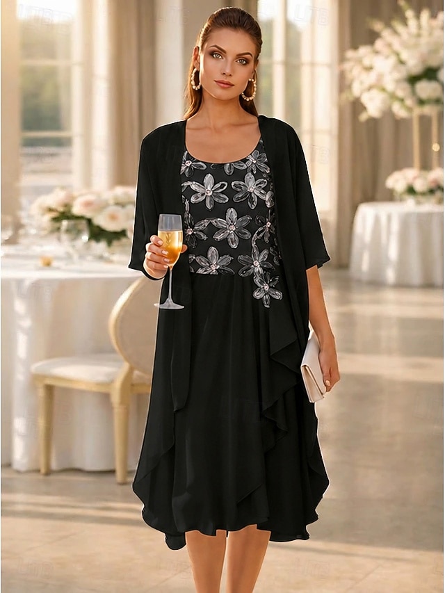 Zweiteilig A-Linie Kleid Knielang Kleid für Hochzeitsgäste Locker Brautmutterkleid Halbarm U-Boot-Ausschnitt Elegant Einfach Formell Hochzeitsgast Hochzeitsfeier Chiffon Mit Schal mit 3D-Blumen 2026 - $137.99 –P6