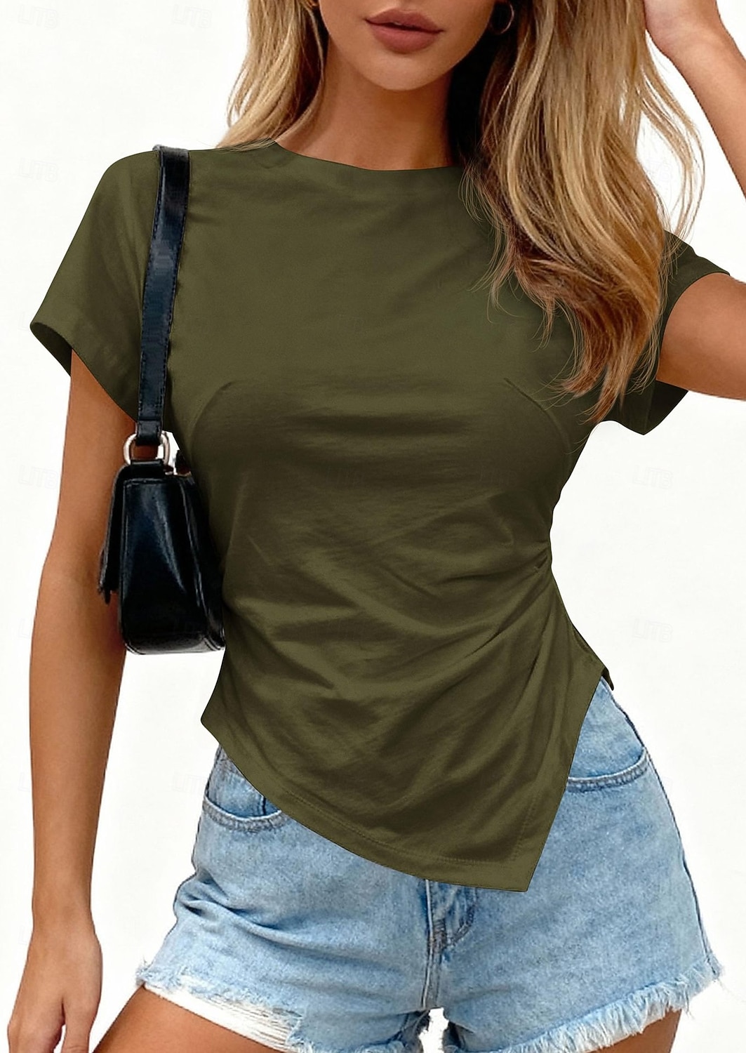 Mulheres Camisa Social Blusa Franzido Côr Sólida Roupa de rua Diário Manga Curta Gola Redonda Tops curtos Casual Azul Claro Preto Branco Rosa Marron Verão Primavera de 2026 por $22.99 –P6