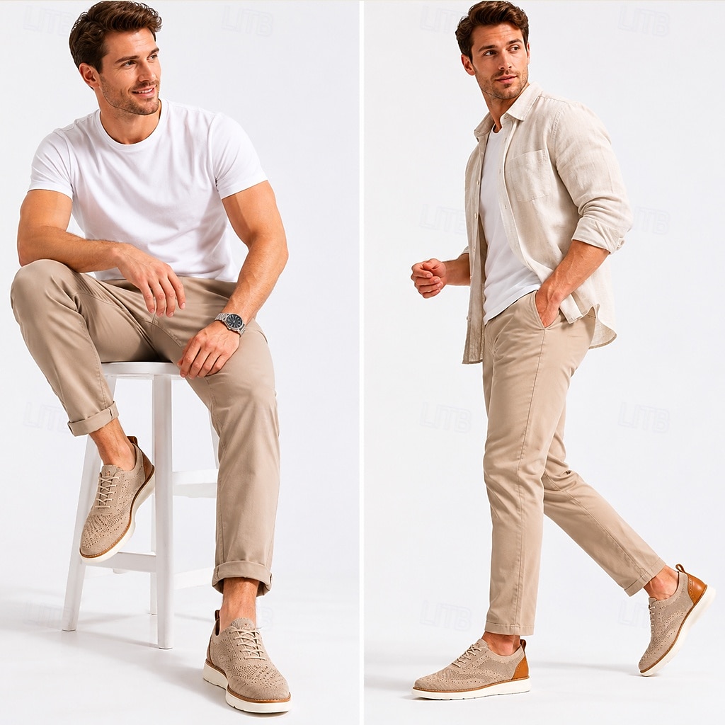 Sneakers brogue da uomo beige in maglia, scarpe casual stringate eleganti da passeggio, scarpe comode e traspiranti per ufficio, viaggi e uso quotidiano del 2026 a $32.99 –P2
