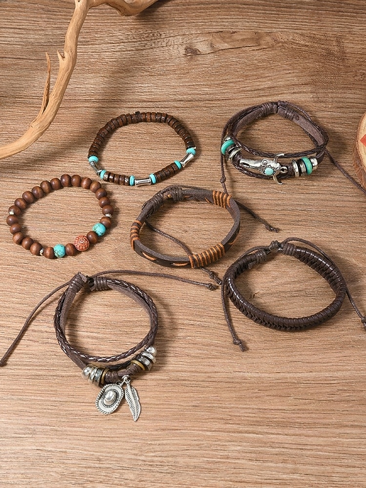 Conjunto de 6 pulseras boho de capas para hombre, con cuentas de madera. &Pulseras de aleación con dije de cabeza de toro y pluma, joyería de estilo occidental para uso casual, viajes, festivales, 2026 - $11.99 –P6