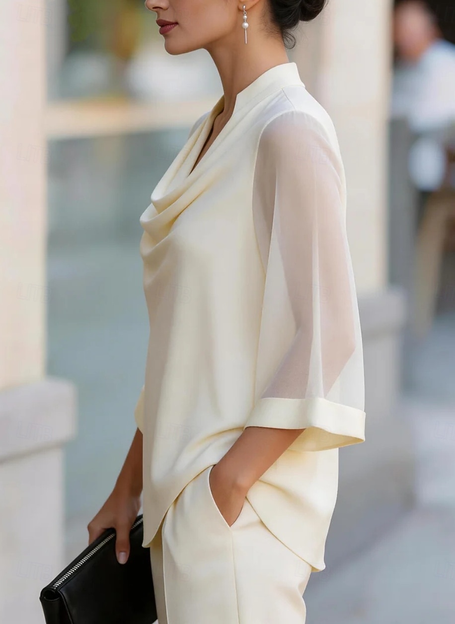 Women's Shirt Blouse Patchwork Solid Color Elegant Streetwear Daily 3/4 Length Sleeve V Neck Regular Tops Casual claret Black Navy Blue Apricot Summer Spring 2026 - $27.99 –P5