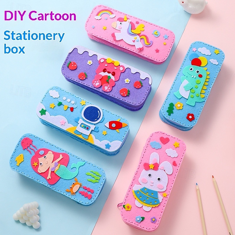 Confezione da 6 astucci per matite fai da te fatti a mano con personaggi dei cartoni animati per bambini, kit di cucito per astucci in feltro con dinosauri, unicorni e sirene, arte per bambini del 2026 a $23.99 –P2
