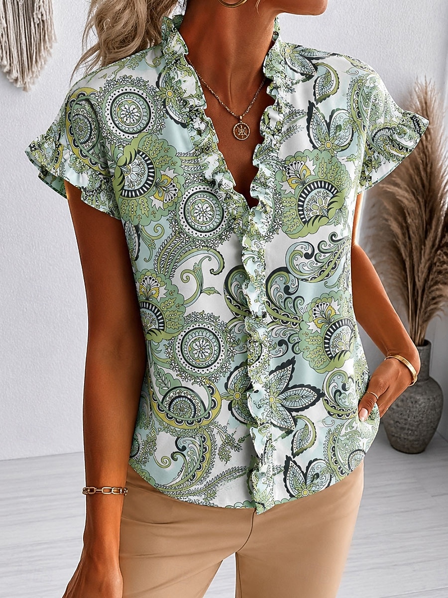 Mujer Camisa Sayo Volante Floral Graphic Elegante Moda Diario Manga Corta Escote en Pico Tops regulares Casual Diario Morado Naranja Verde Trébol Verano Primavera 2026 - $27.99 –P3