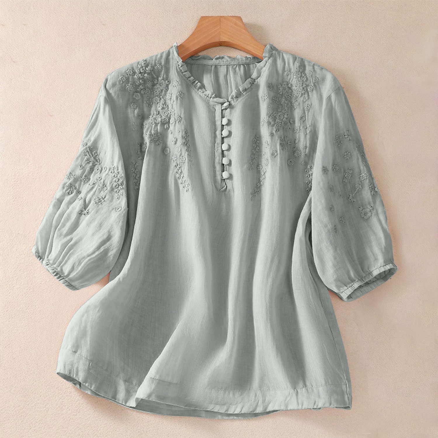 Per donna 100% cotone Camicia button-down Tessuto Ricamato Bottoni Vintage Scollo a V Top lunghi Casuale giallo verde Rosa Blu reale Viola Estate Primavera del 2026 a $31.99 –P6