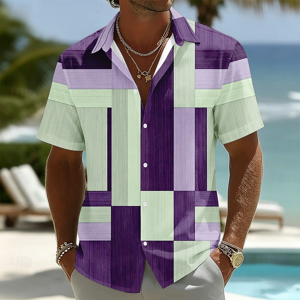 Hombre Geométrico Plaid Bloqueo de color Camisa Abotonar la camisa Manga Corta Moda informal Diario vacaciones en la playa Verano Primavera Cuello Vuelto Impresión 3D Camisa tipo lino Azul Piscina 2026 - $25.99 –P3