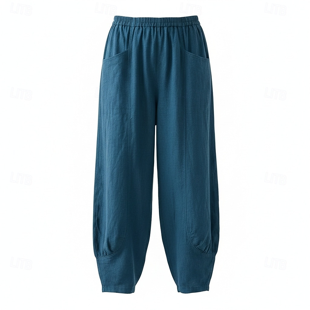 Pantalon large en lin pour femme, taille mi-haute, poches pleine longueur, ceinture élastique, couleur bordeaux et bleu azur, idéal pour les vacances de 2026 ? $49.99 –P11
