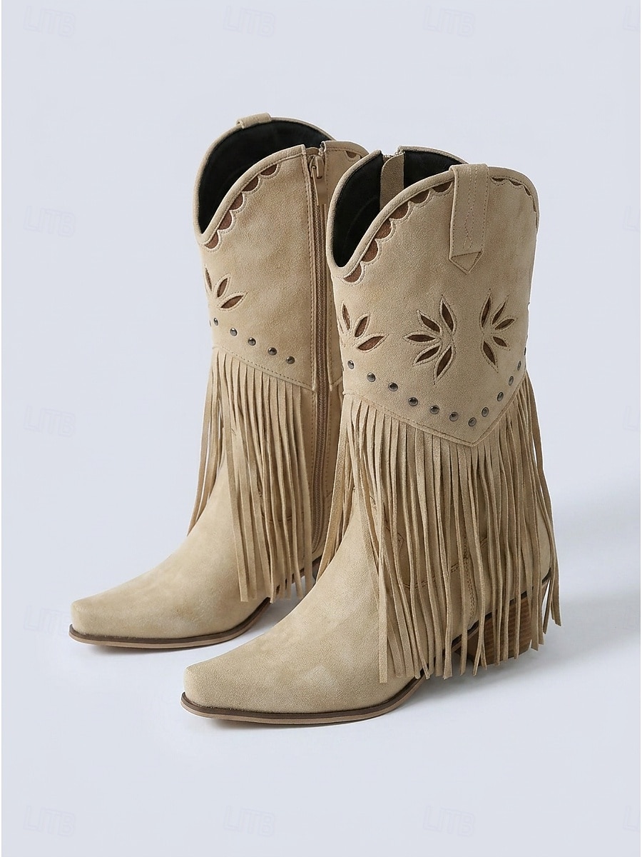 Botas vaqueras de mujer estilo western con flecos, botas beige bordadas a media pantorrilla con tacón grueso para festivales de música al aire libre, conciertos country y fiestas bohemias. 2026 - $84.99 –P6
