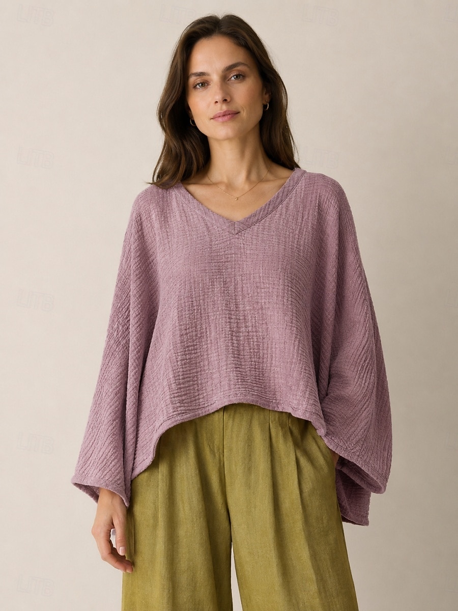 Leinenbluse für Damen mit langen Ärmeln, asymmetrischem Saum und V-Ausschnitt im Vintage-Stil, gelb, lila und beige, Herbst/Winter 2026 - $45.99 –P1